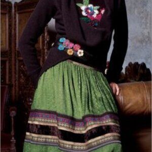 Vintage Vents d'Ailleurs Women's 6 Skirt Green Paisley Jacquard Velvet Trim BoHo